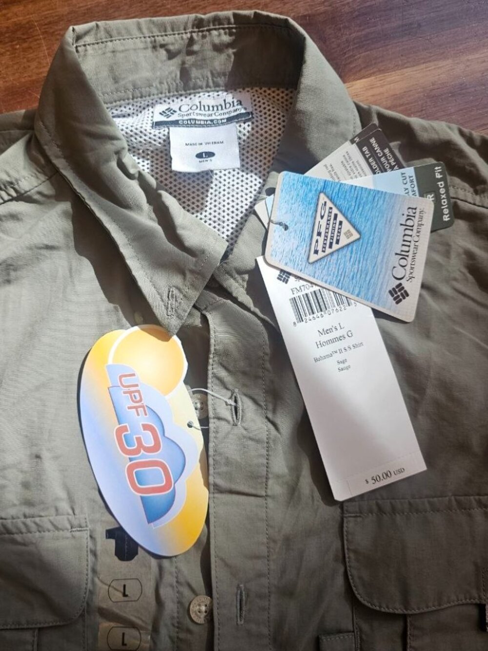 COLUMBIA PFG Mens Size L Hommes G Bahama II Short Sleeve Fishing Shirt Sage NWT